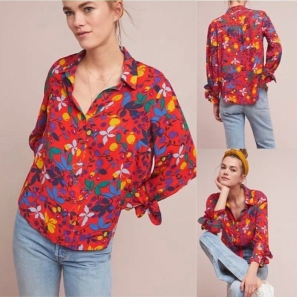 Anthropologie Maeve Vibrant Floral Lemon Print Red Button Up Women Shirt Size 2 - Picture 1 of 9